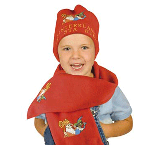 muts en sjaal met tekst: Sinterklaas ik sta hier