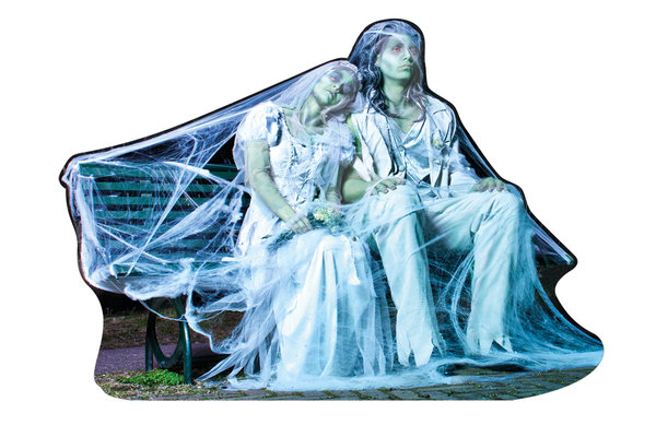 Dubbelzijdig deurbord van karton - zombie bruid of zombie bruidspaar - per stuk